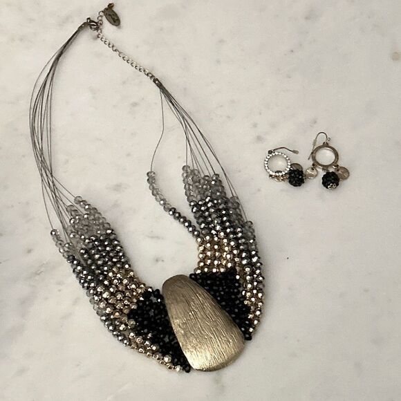 Jules black gold and smoky beaded statement multi strand necklace - Picture 1 of 4